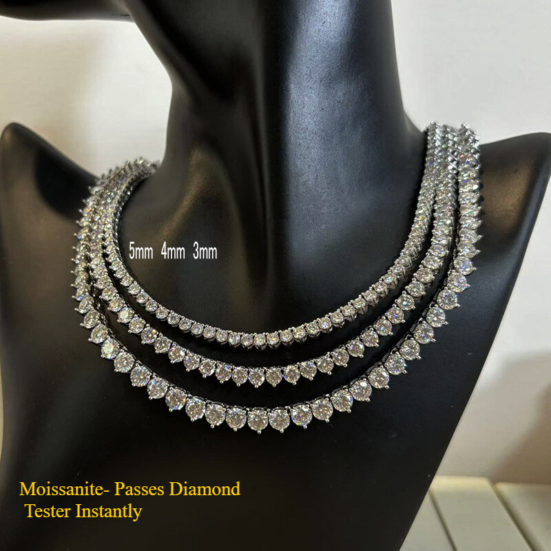 Certified 3-5mm Moissanite Tennis Necklace 3 Prong 925 Sterling Silver D VVS