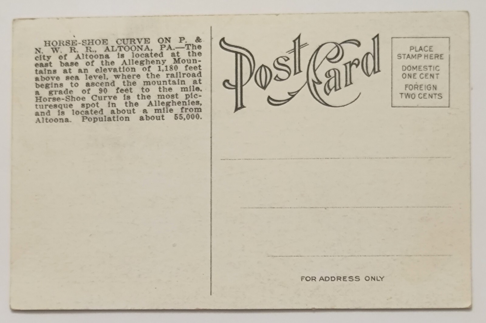 Altoona PA Pennsylvania Horse Shoe Curve on P.&N. W.R.R. Vintage