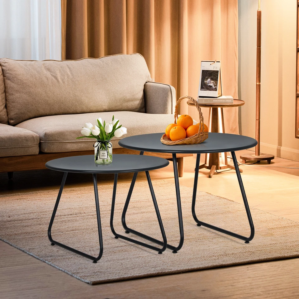Set of 2 Round Coffee Tables End Side Table Steel Accent Table For Living Room - Image 4 of 4