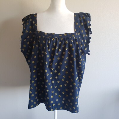 J. Crew Square Neck Top Cotton Pom-Pom Daisy Flower Navy Women's Plus Size 20