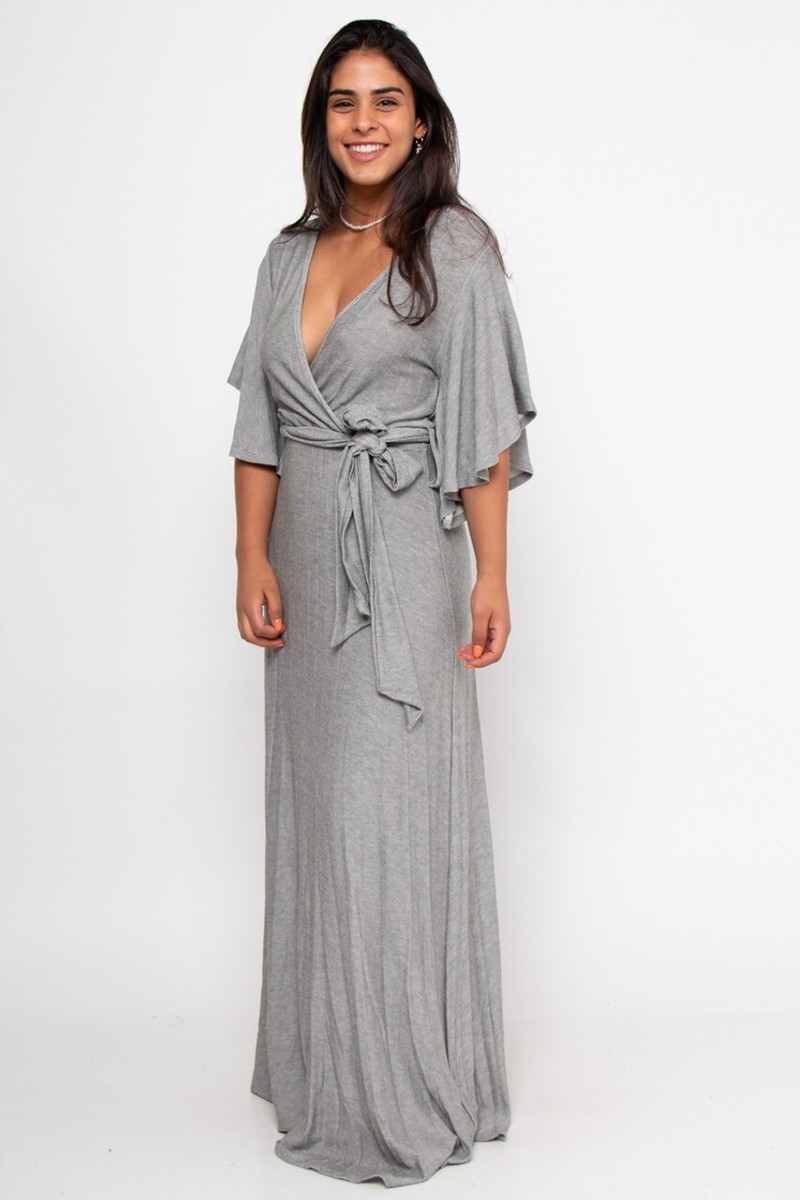 Gray Wrap Inspired Maxi Dress Size Small Flutter Sleeves | eBay