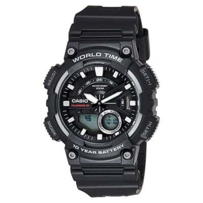 Casio Men's AEQ110W-1A World Time Telememo Black and White Sport Watch