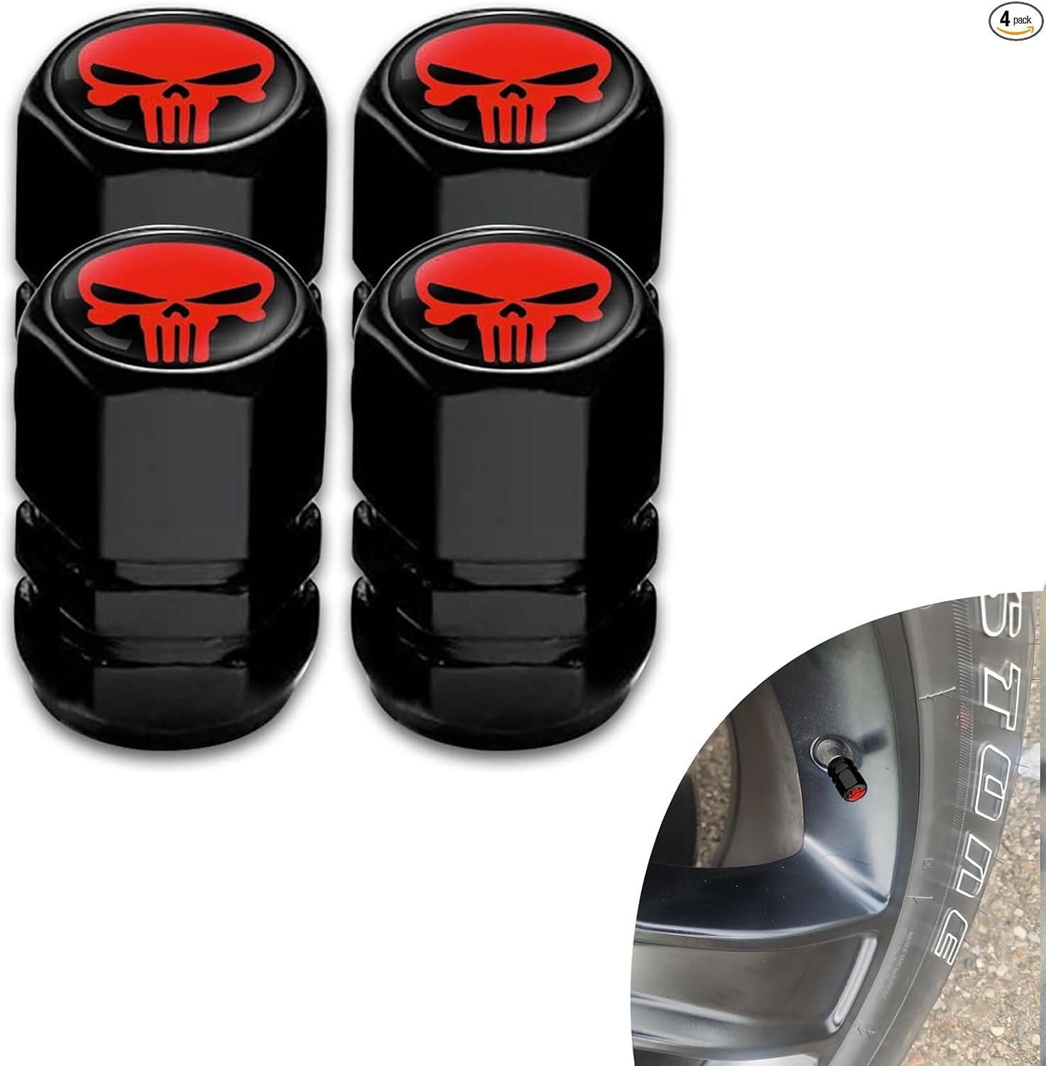 4 PCS Skull Pattern Metal Valve Stem Caps, Dust Proof Air Caps Cove Color: Red