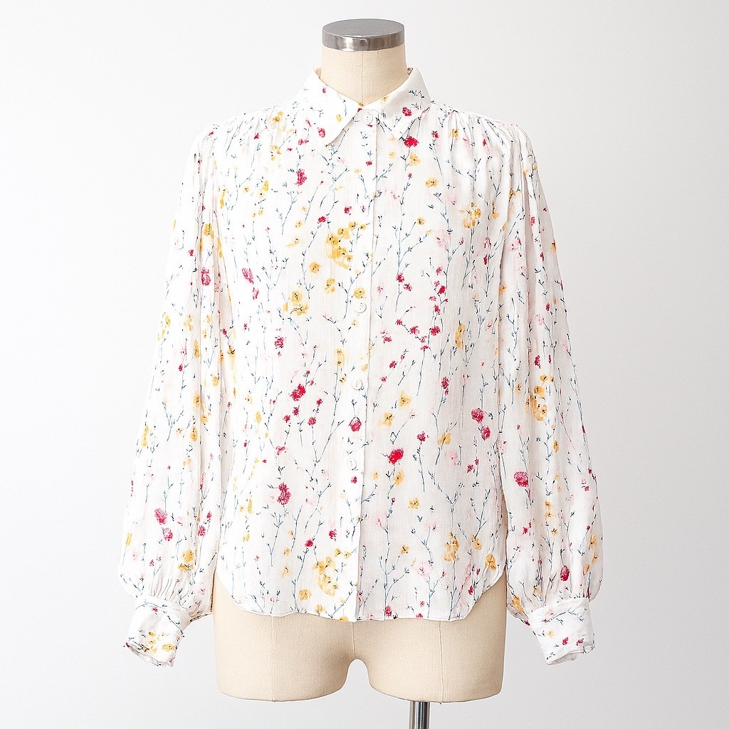 Floral Print Blouse Womens Small White Balloon Sleeve Button
