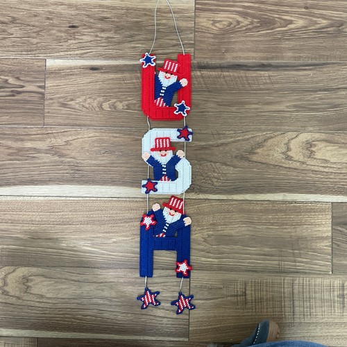 Handmade Plastic Canvas Needlepoint 4th of July USA Uncle Sam Wall Hanging 27”