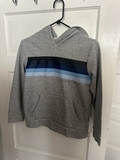 Old Navy Large Kids Hoodie. Grey with Blue Stripes with Pacific Logo On Front