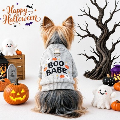 Cute Pet Clothing for Small Dogs and Cats, Halloween Pumpkin Ghost Crewneck Shir