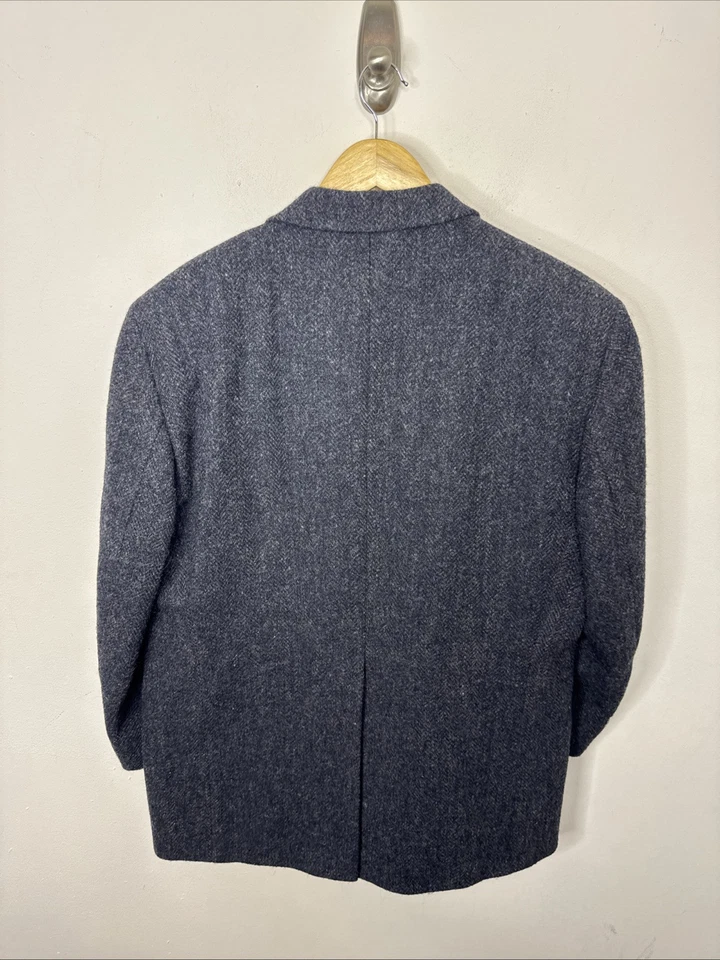 Casaco esportivo Harris Tweed masculino 44S curto lã cinza azul blazer espinha de peixe - Imagem 4 de 4
