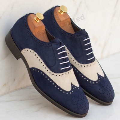 Wedding Handmade Blue and White Suede Brogue Dress Shoes, Formal Wingtip Style