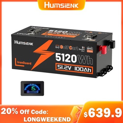 Humsienk 48V 100Ah 5120Wh Lithium LiFePO4 Battery 200A BMS Golf Cart Bluetooth