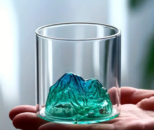 TWO Blue Green 3D Mountain Peak Glasses Mt. Fuji Whiskey Vodka Bourbon NEAT - Picture 11 of 12