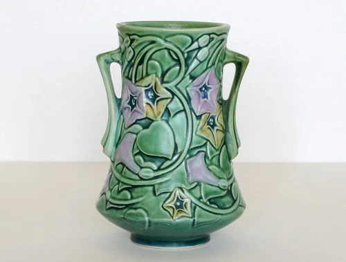 ROSEVILLE Art Pottery VASE Morning Glory Green 724-6 Art Deco 1930's