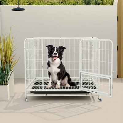 Dog Crate with Tray, Dog Crate with Wheels, Metal Dog Cage White