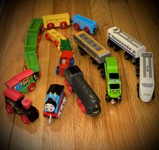 Lot of 16 Wood/DieCast Magnetic Trains: Maxim, Brio, Mainson Joesph Inc & Mattel