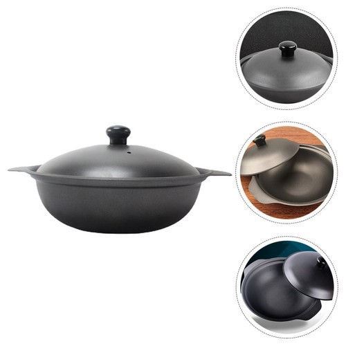 Sartén para estofar arroz con tapa cazuela redonda de hierro fundido utensilios de cocina - Imagen 8 de 12