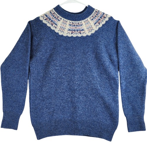 VTG Fair Isle Yoke Knit Wool Sweater Women M Blue Nordic Cottagecore Pullover, $25.99