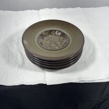 Five Franciscan Madeira Green Band Rim Brown Trim Floral Center Brown Saucer