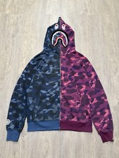 Felpa con cappuccio e zip BAPE viola x blu mimetica squalo uomo S A scimmia da bagno skater ricamata