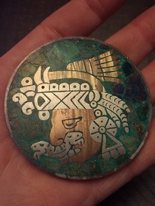 VTG.Sterling Silver LRG- COPPER& Brass INLAID TURQUOISE PIN & PENDANT Taxco S.H.