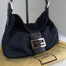 Borsa a tracolla FENDI Mamma Baguette Zucca in jersey di cotone, pelle nera Y2K Autentica