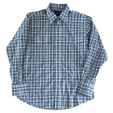 Vintage Wrangler Rancher Western Blue Plaid Pearl Snap Long Sleeve Shirt Men s L