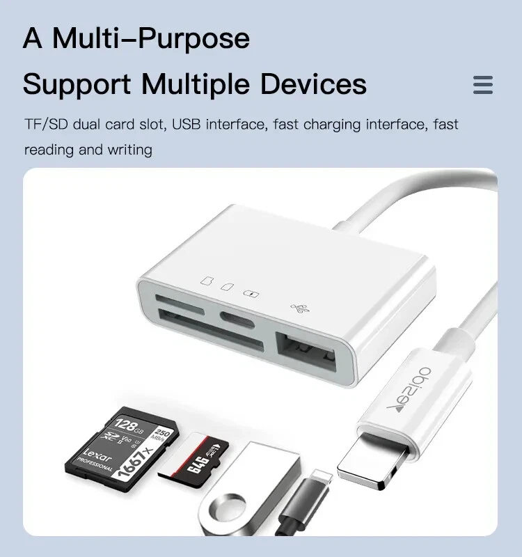 4 in 1 Memory Card Reader OTG Cable Adapter iPhone 8 Plus iPad 12 13 14 Pro Max - Image 2 of 4
