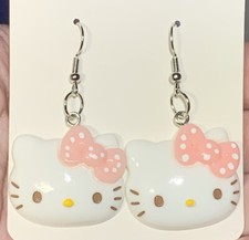 Silver Hello Kitty Pink Bow Drop Dangle Earrings 