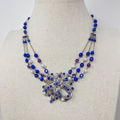 Robert Rose Festoon Necklace Blue Purple Silver-Tone Multi-Strand Faceted Retro