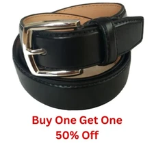 Men's Genuine Leather Black Dress Belt Plain Casual Silver Buckle Trapezoid End