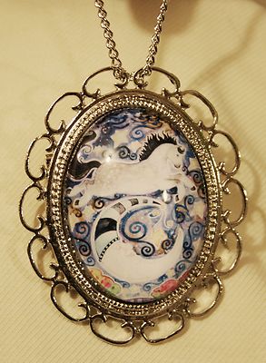 Loop Edged Blue & White Swirl Cow Jumped Over the Moon Pendant Necklace Brooch