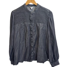 Time and Tru Womens Smocked Button Front Top Long Sleeve Size 2XL Blue Chambray