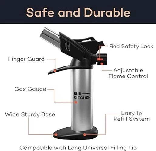 EurKitchen Culinary Silver Butane Torch with Safety Lock & Adjustable Flame - Image 3 of 3