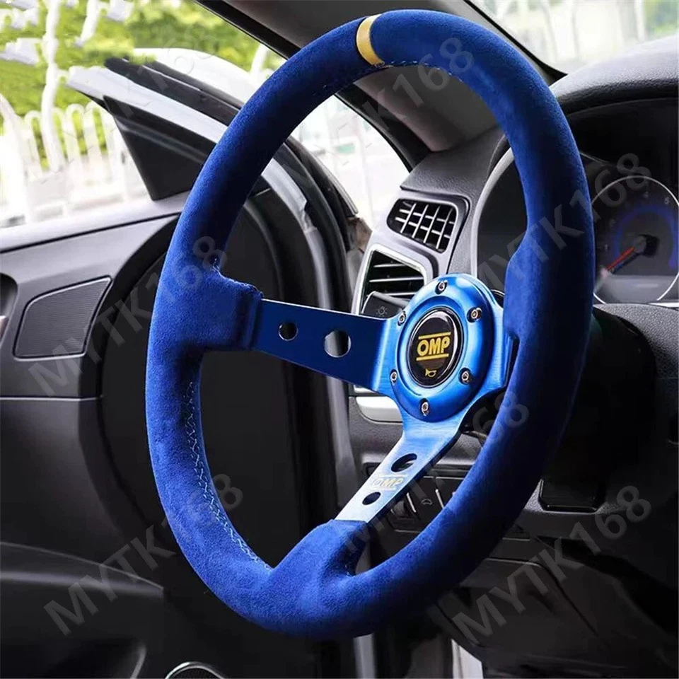 OMP 350mm 14' Gamuza Cuero Cono Profundo 9cm Azul Soporte Volante Carreras Foto 3 de 4