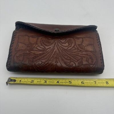 Vintage Hand Tooled Laced Leather Wallet Flowers Design Double