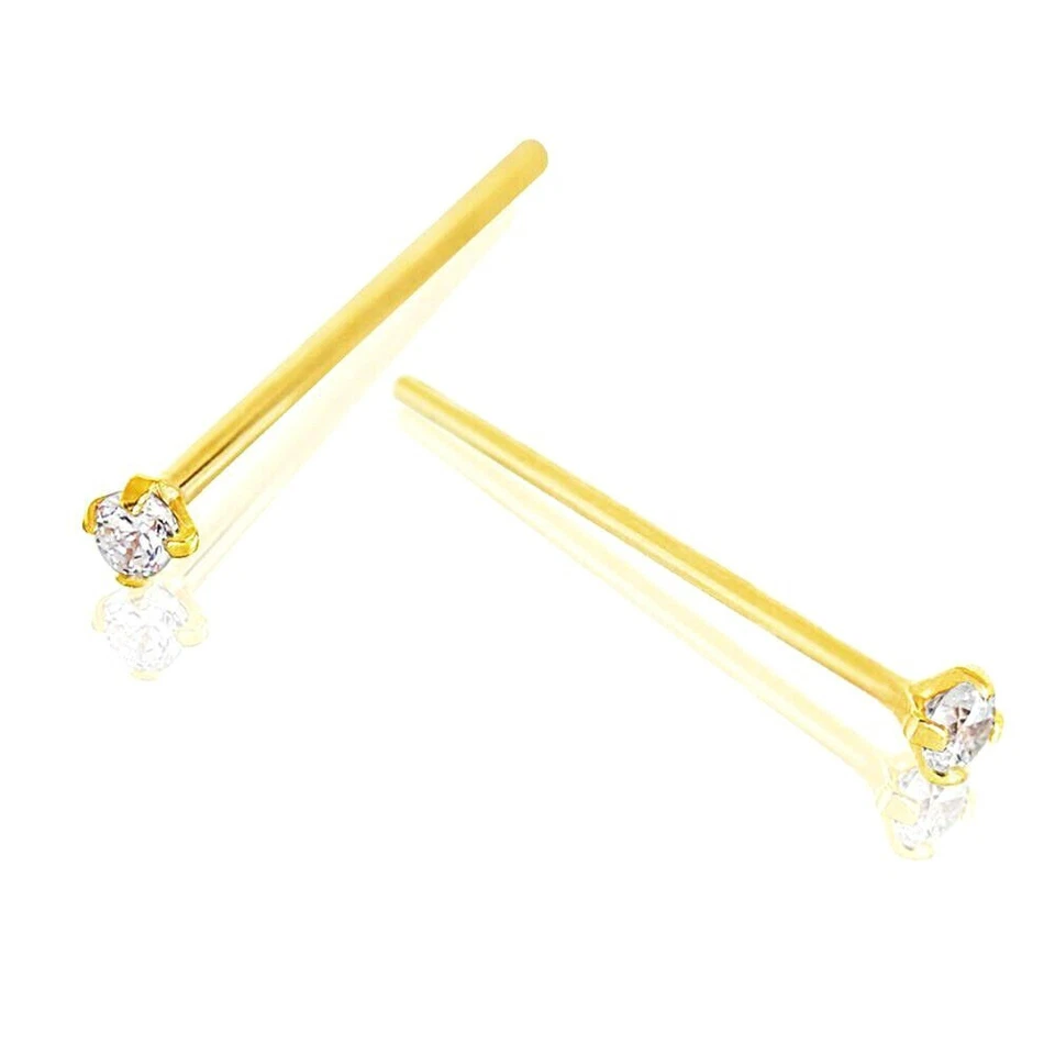 PAIR 20G LONG 3/4" 19MM GOLD PRONG SET CZ GEM STEEL NOSE RINGS PIN BENDABLE STUD