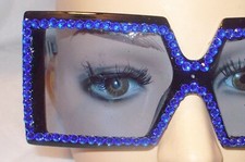 SUNGLASSES HUGE OVERSIZED SQUARE BLUE WITH RHINESTONES FREE US SHIP