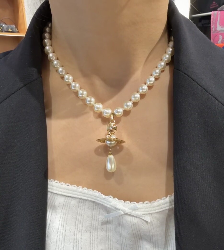 Vivienne Westwood Nana Drop Pearl Necklace Chocker Gold Tone With Box 311