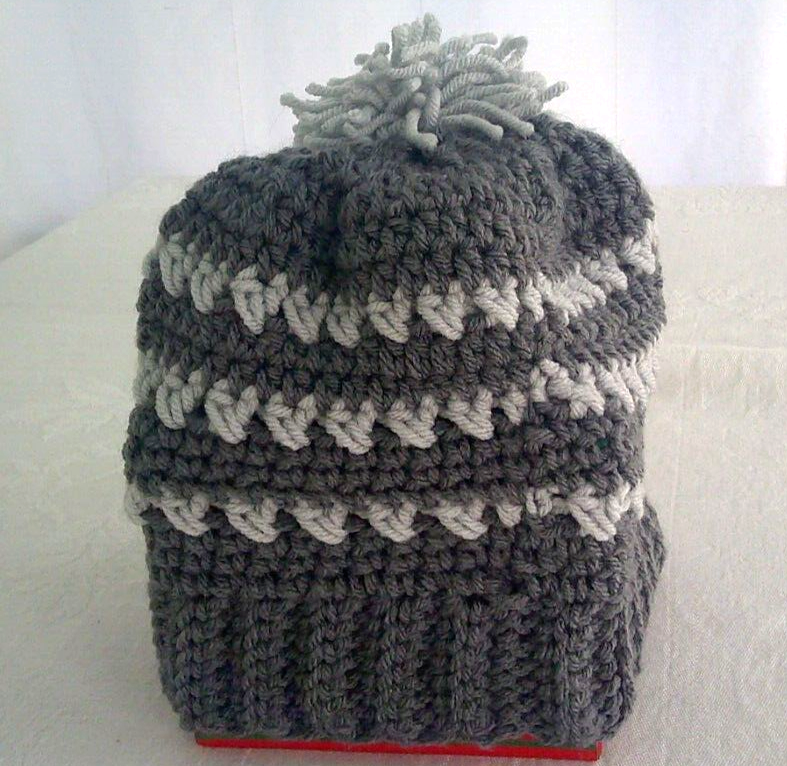 Gray Crocheted Acrylic Cotton Blend Beanie Hat with Pom Pom Handcrafted Small New-image