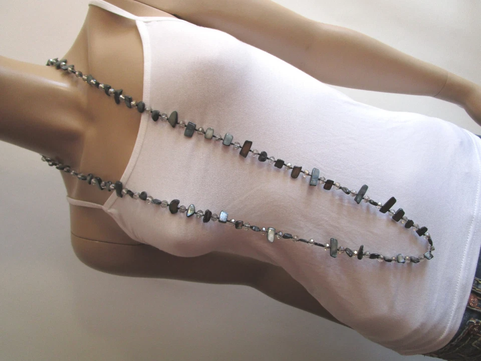 Damen Hals Kette Modekette Bettel lang Perlmutt Perlen Schwarz Grau Endloskette - Bild 3 von 4