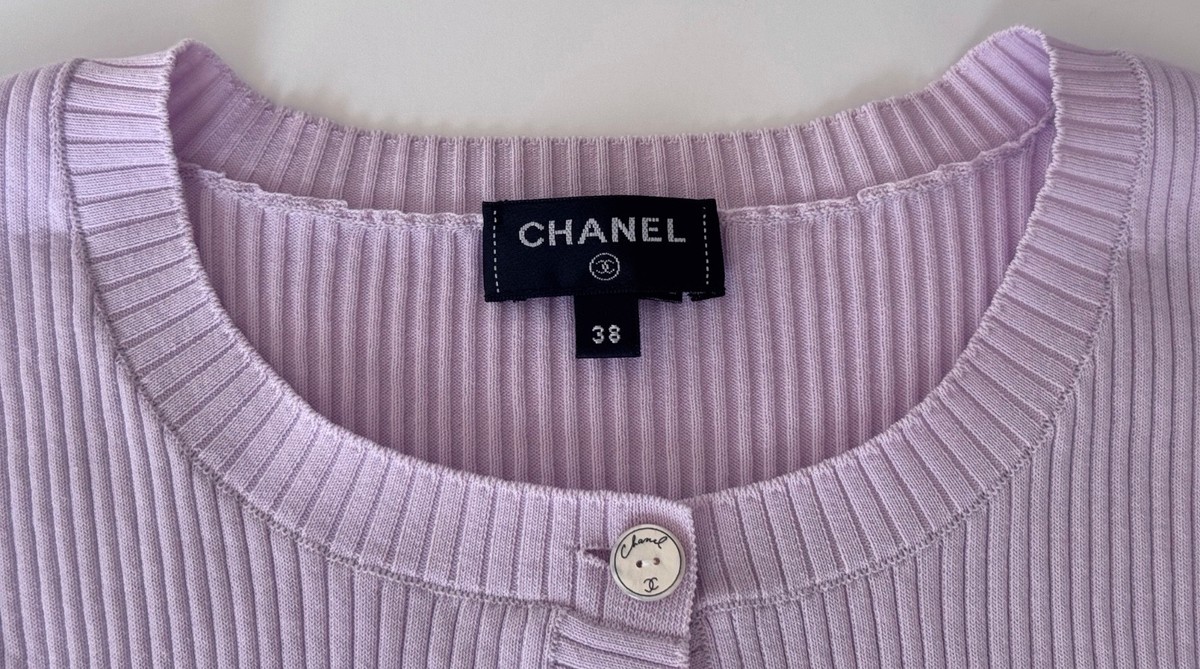 22C CHANEL LILAC WHITE RIBBED KNIT SHORT SLEEVE TOP 38 | eBay