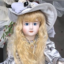 Bisque doll Arte, silver ash gray long dress, bonnet, cameo. #QY557T