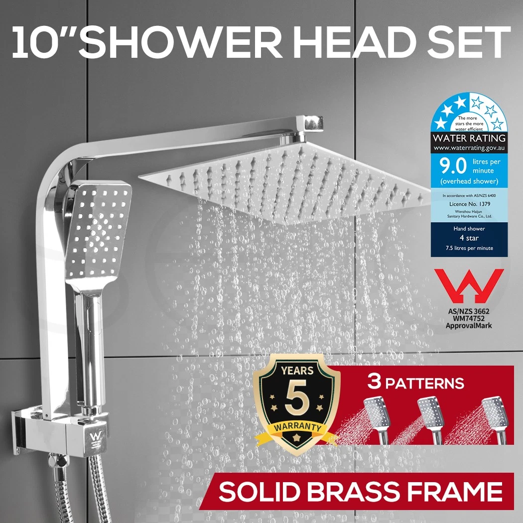 High Pressure Shower Head Set Rain Square Brass Taps Mixer Handheld WELS Silver