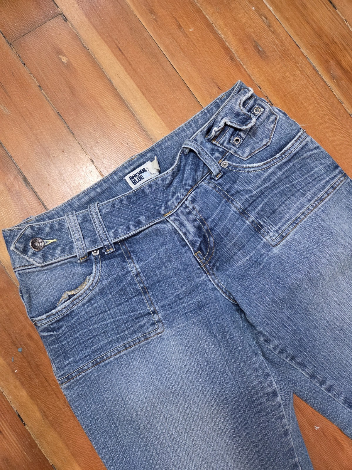 Vtg Y2K Anchor Blue Medium Wash Bootcut Denim Jeans Low Rise Size