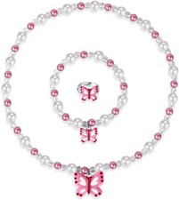 Butterfly Stretch Necklace Bracelet Set, Girls' Butterfly Jewelry for Little P