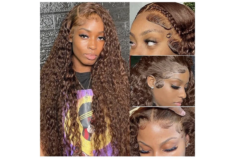 Peluca frontal de encaje de cabello humano, marrón chocolate, onda profunda rizada, 20 pulgadas Foto 2 de 3