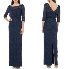 Js Collections Navy Blue Gold Soutache Floral Quarter Sleeve Column Gown 8
