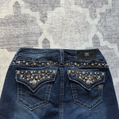 EUC Women s Darkwash Embellished MISS ME Jeans 29 X 31 MID RISE SKINNY Stretch