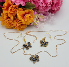 Butterfly Necklace And Earrings Set Rose Gold Tone Clear Crystal Gray Enamel 22"