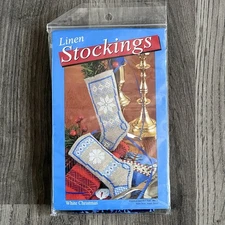 Yarn Tree Linen Cross Stitch Stocking Kit - White Christmas - Ornament 4.5"