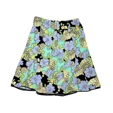 vintage 90s Paisley Floral Midi Skirt Teal Black Purple A-Line Size 8 Large